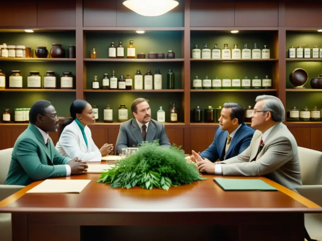 Debate tenso entre practicantes de medicina tradicional y representantes de la industria farmacéutica en un ambiente vintage