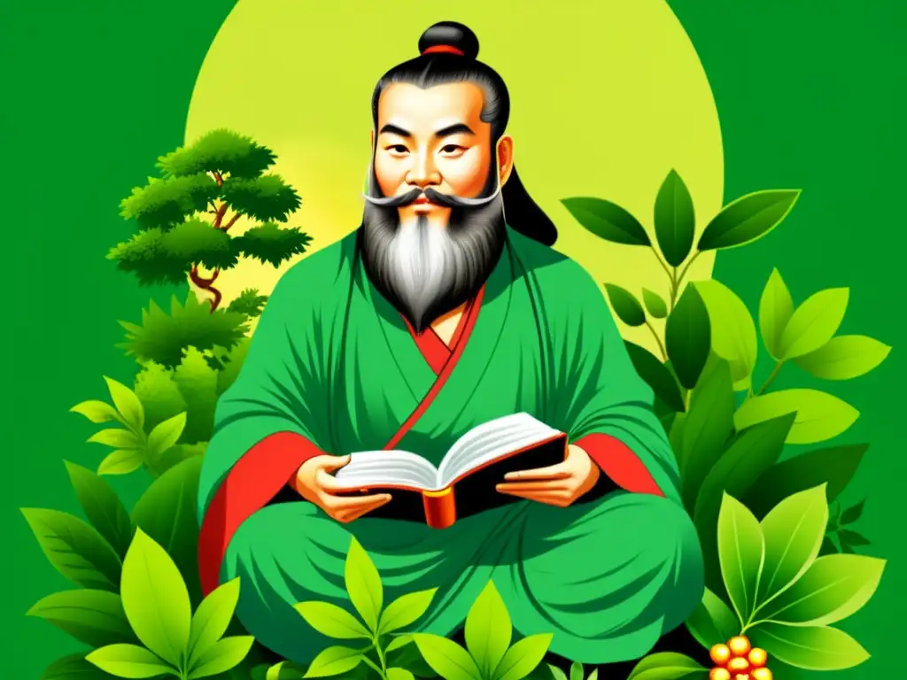 Ilustración vintage de Shennong, deidad china de la medicina tradicional, en un exuberante jardín rodeado de hierbas medicinales