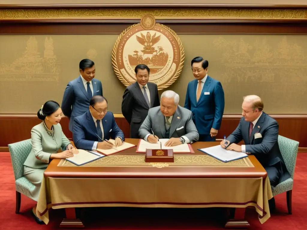 Una ilustración vintage de delegados internacionales discutiendo y firmando normativas y directrices de la OMS en medicina tradicional