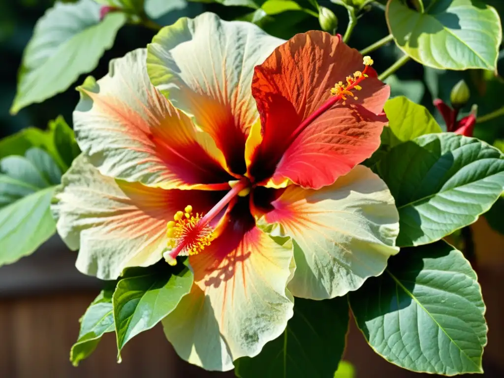 Una delicada flor de hibisco en primer plano, con brillantes pétalos rojos y un pistilo prominente