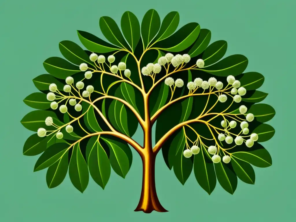 Un delicado dibujo vintage de un árbol de Moringa oleifera, detallado con ramas delgadas y hojas compuestas