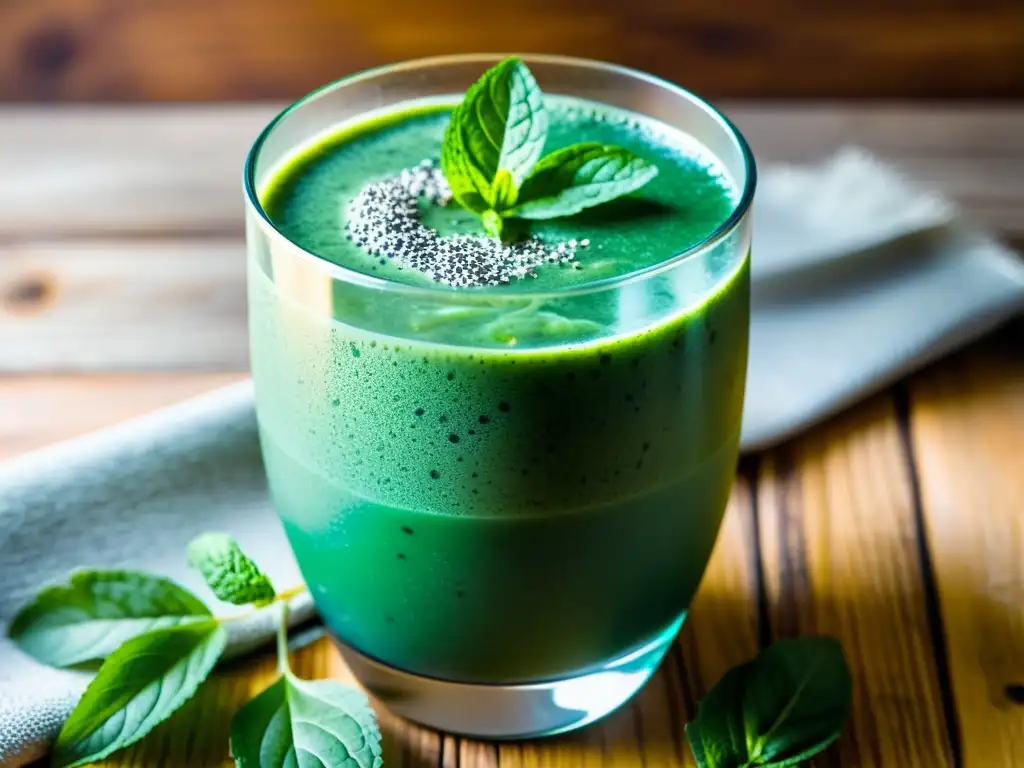 Deliciosa bebida verde con espirulina y menta en vaso vintage