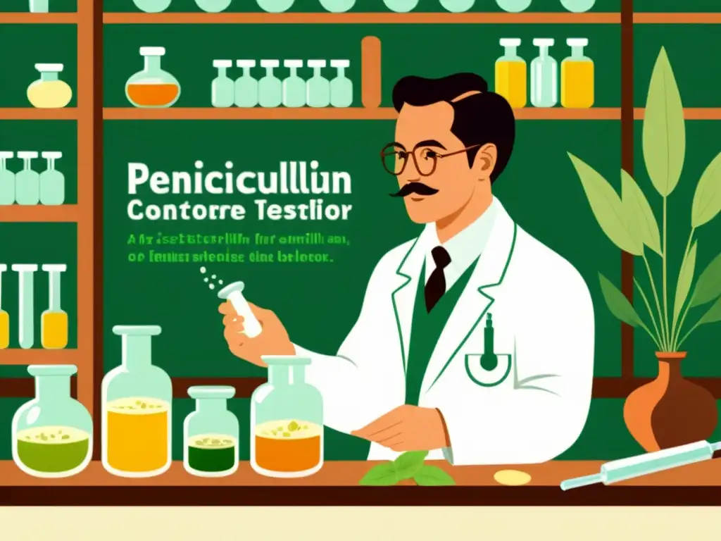 Descubrimiento de penicilina en laboratorio, impacto antibióticos medicina tradicional, científico y curandero observando