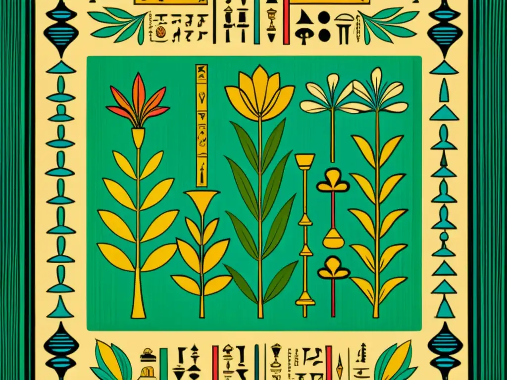 Despliegue de papiro egipcio con plantas medicinales antiguas Egipto, ilustración detallada y vibrante