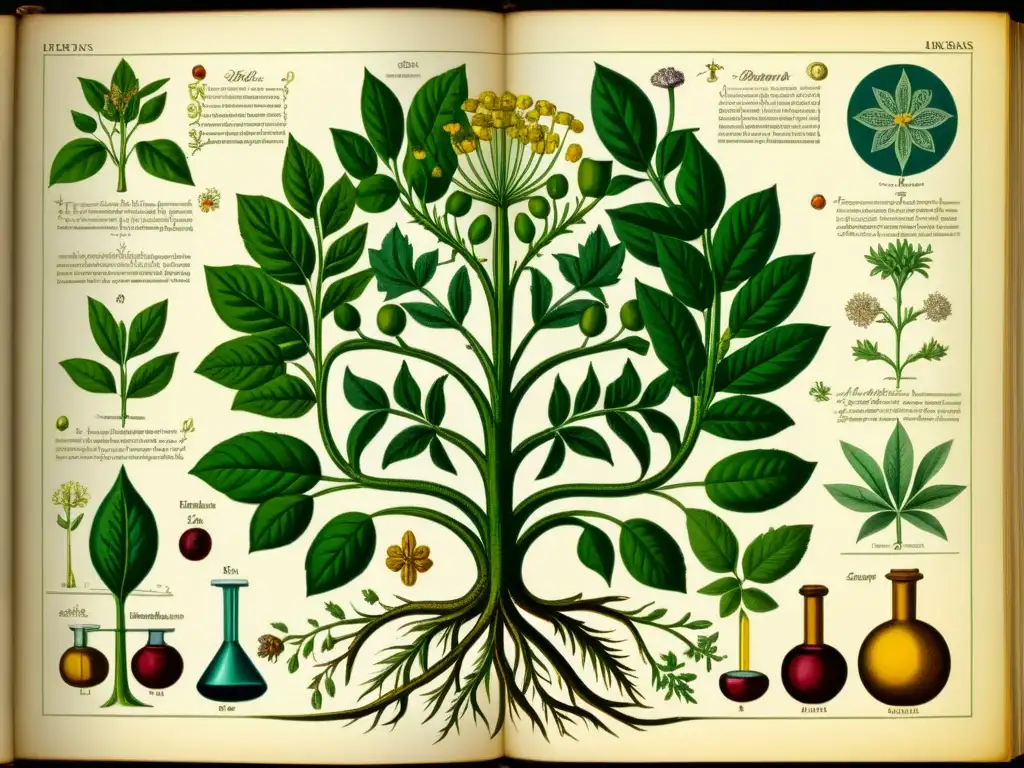 Detallada ilustración vintage de botánica y alquimia en la medicina medieval