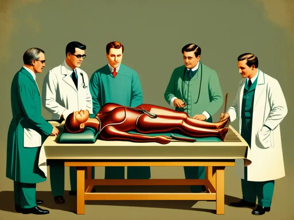 Detallada ilustración médica vintage de una histórica disección anatómica, con médicos y estudiantes reunidos alrededor de la mesa