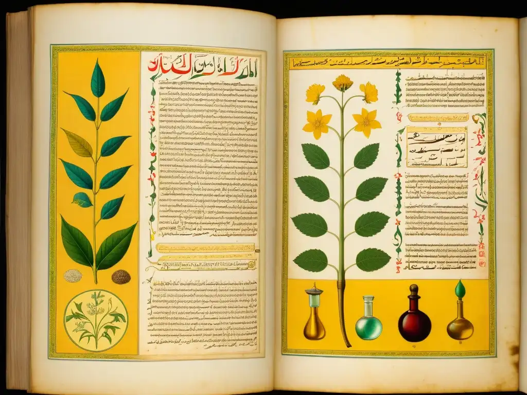 Ilustración detallada de un antiguo manuscrito médico islámico con diagramas del cuerpo humano y hierbas medicinales