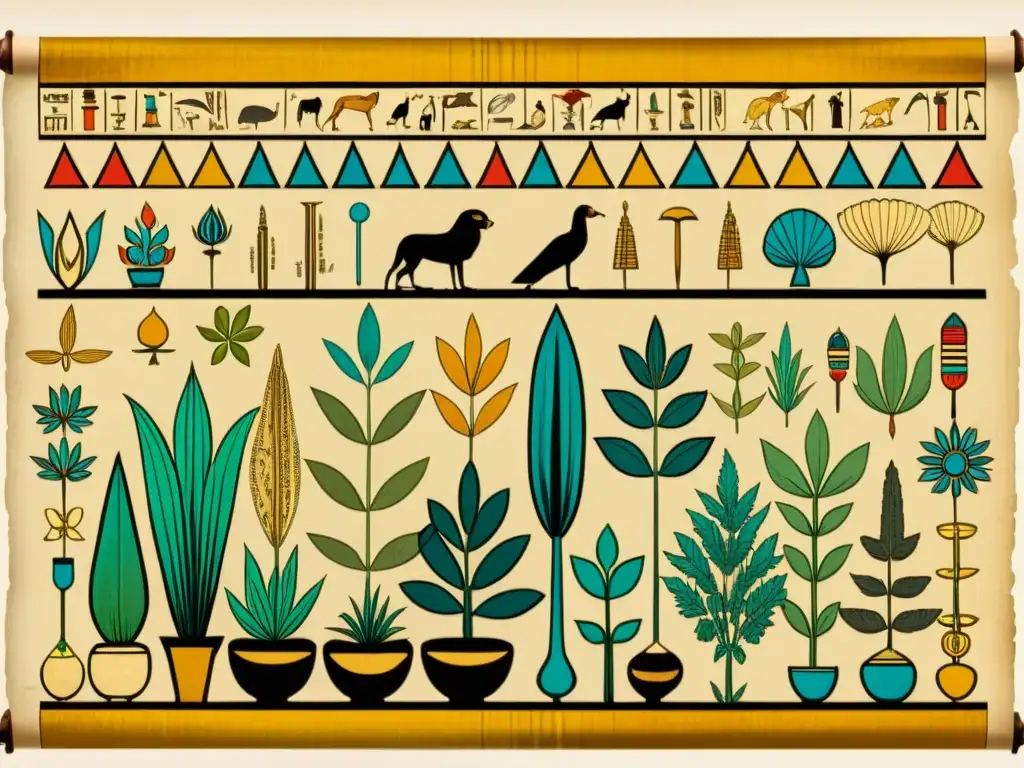 Detallada ilustración de un antiguo papiro egipcio con hierbas medicinales y prácticas curativas, evocando la medicina tradicional del antiguo Egipto