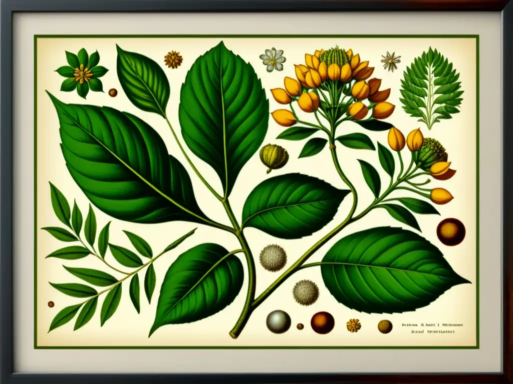 Detallada ilustración vintage de harpagofito, planta antiinflamatoria, con hojas, flores y vainas en tonos tierra