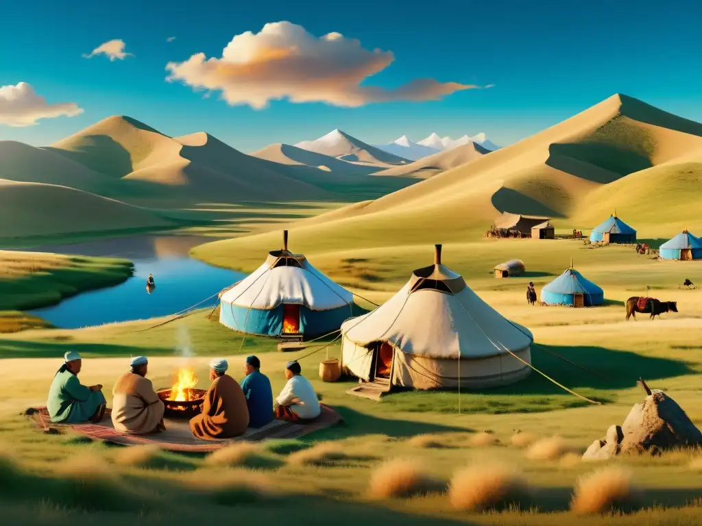 Una detallada ilustración vintage en 8k de un apacible paisaje mongol, con colinas, yurtas tradicionales y un cielo azul con nubes