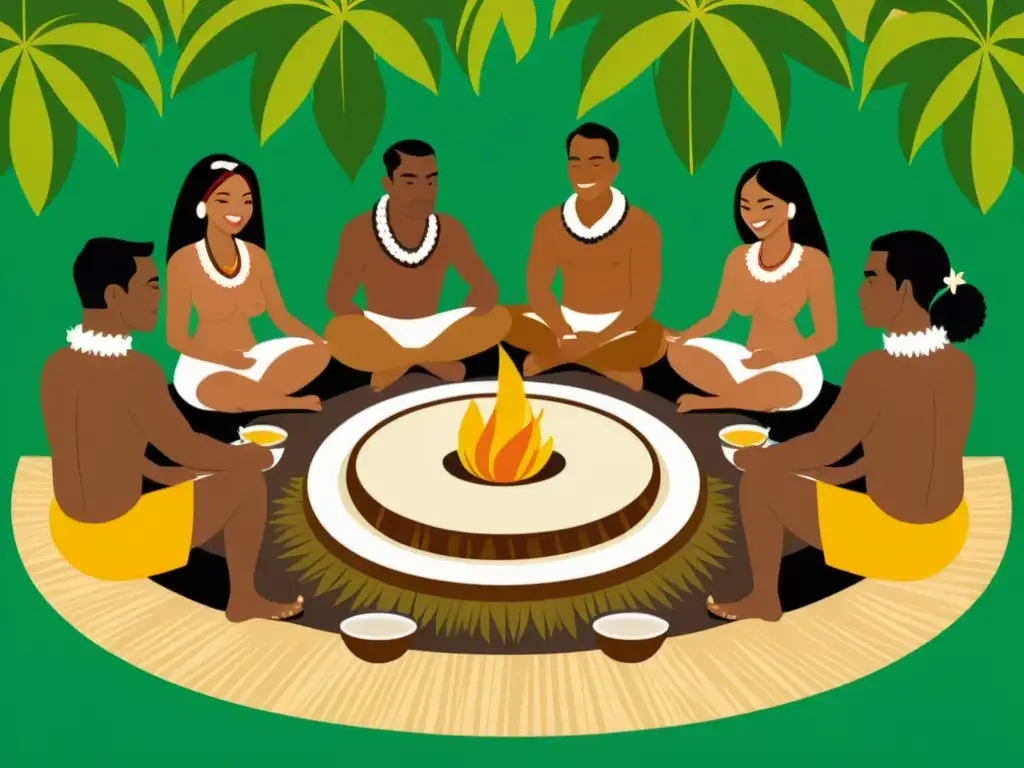 Una ilustración 8k detallada de una ceremonia tradicional de kava kava en una isla del Pacífico, con personas vestidas con atuendos tradicionales y bebiendo la infusión