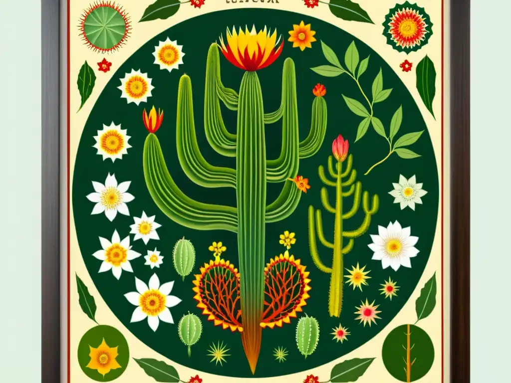 Ilustración detallada del ciclo de vida del cactus peyote, resaltando su uso sagrado por culturas indígenas