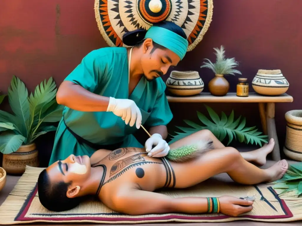 Detallada ilustración de un cirujano mesoamericano realizando técnicas de sutura en medicina precolombina, rodeado de hierbas medicinales y símbolos de curación