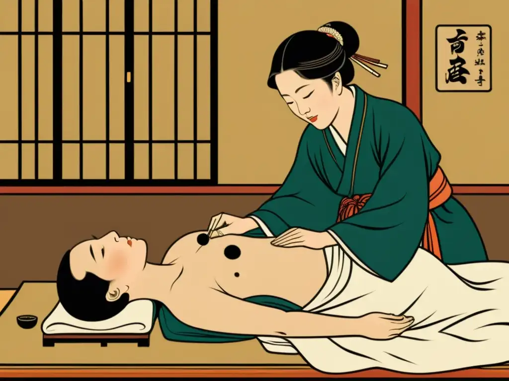 Ilustración detallada de curanderos de medicina tradicional coreana y japonesa practicando acupuntura y moxibustión en un entorno natural sereno