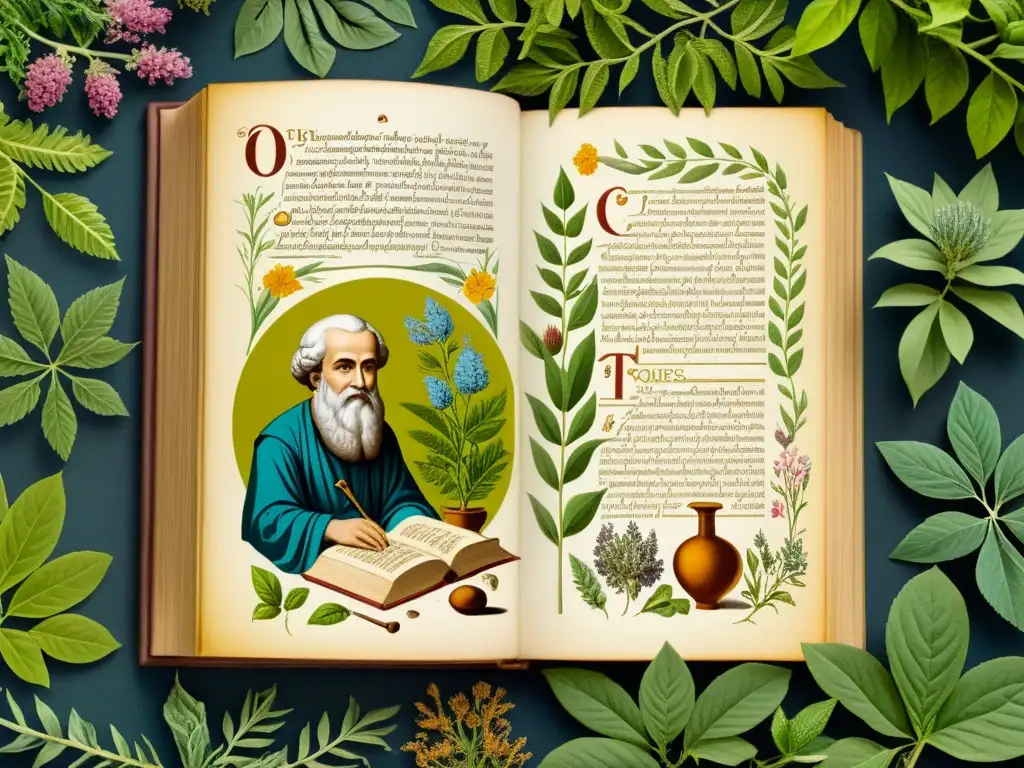 Ilustración detallada de Dioscórides rodeado de plantas medicinales, documentando en un antiguo libro