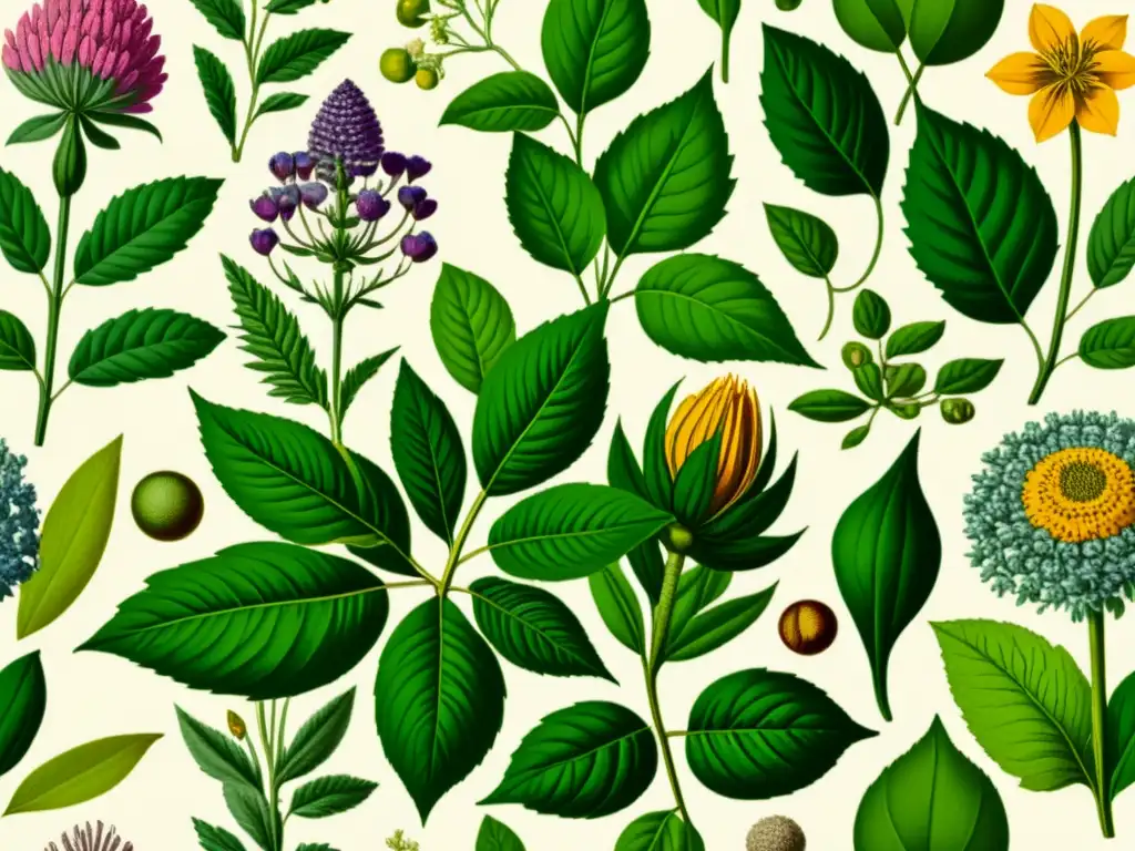 Una ilustración botánica vintage detallada muestra una diversidad de plantas medicinales