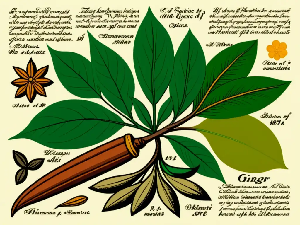 Detallada ilustración vintage de especias asiáticas con influencia botánica en la medicina europea