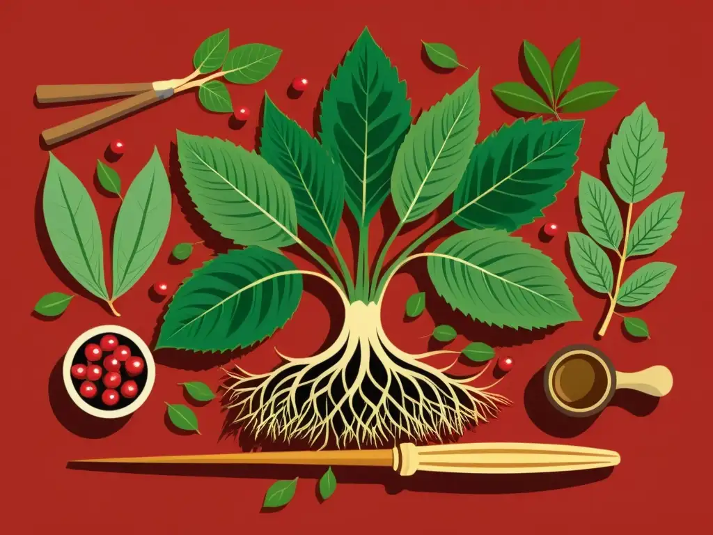 Detallada ilustración vintage de una exuberante planta de ginseng rodeada de herramientas e ingredientes de medicina tradicional asiática