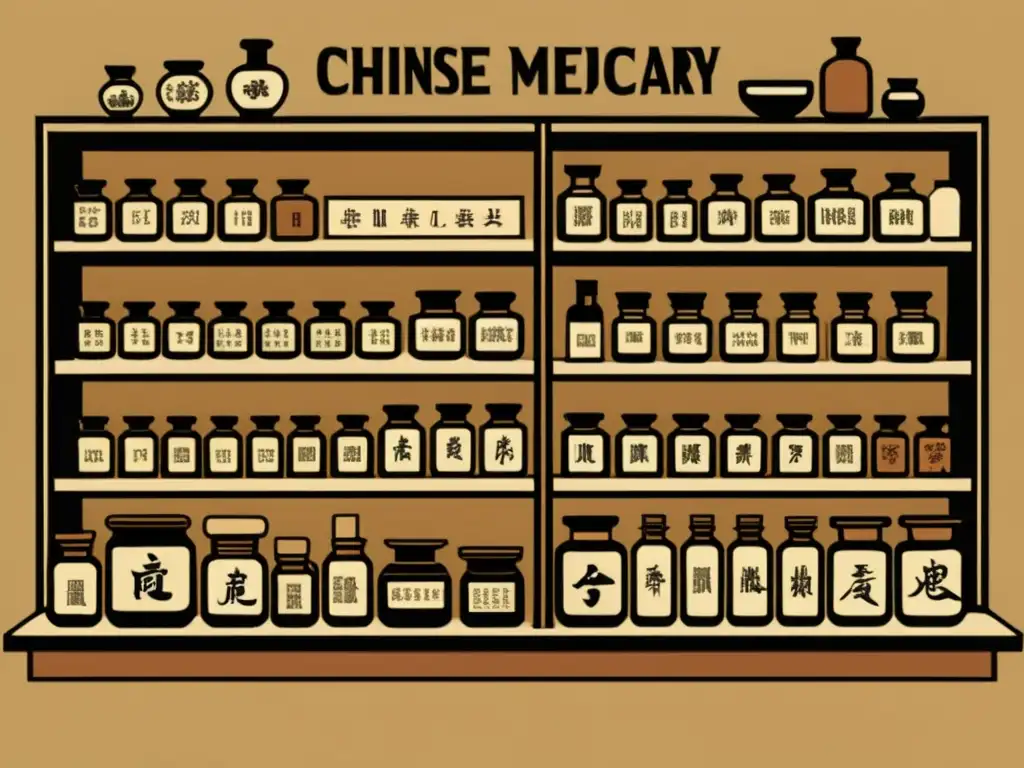 Detallada ilustración vintage de una farmacia de medicina tradicional china, con estantes llenos de frascos etiquetados de hierbas y tinturas