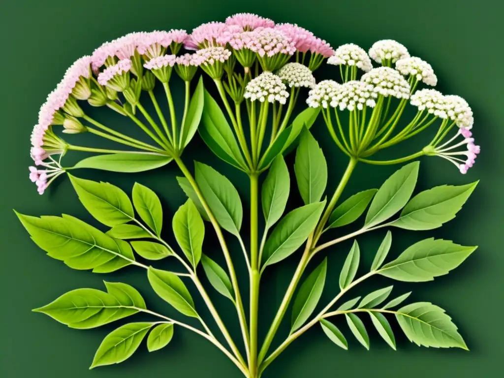 Detallada ilustración vintage de Valeriana officinalis, con flores blancas y rosadas, hojas verdes plumosas y raíces, evocando sabiduría herbal atemporal