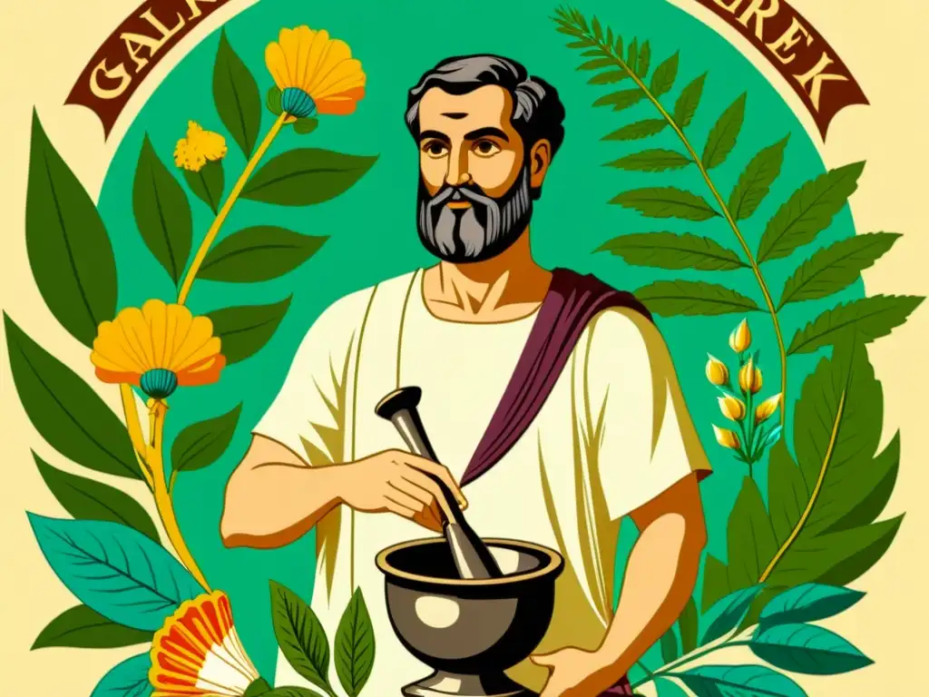 Detallada ilustración vintage de Galeno, rodeado de plantas medicinales