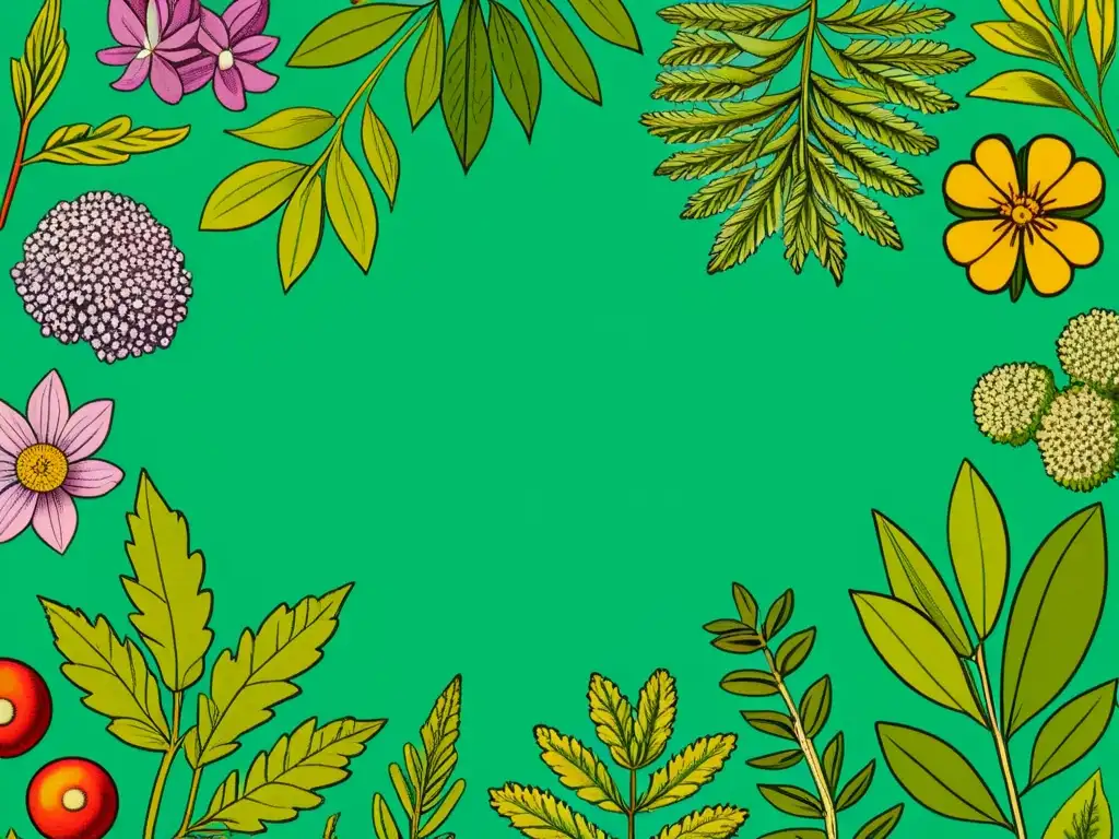 Una ilustración vintage detallada de hierbas y fármacos, evocando la seguridad de mezclar hierbas y fármacos con su complejidad y colores vibrantes