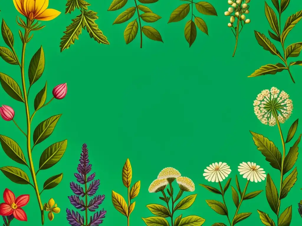 Ilustración botánica vintage detallada de hierbas medicinales Detallada ilustración vintage de hierbas medicinales, con colores vibrantes y líneas delicadas