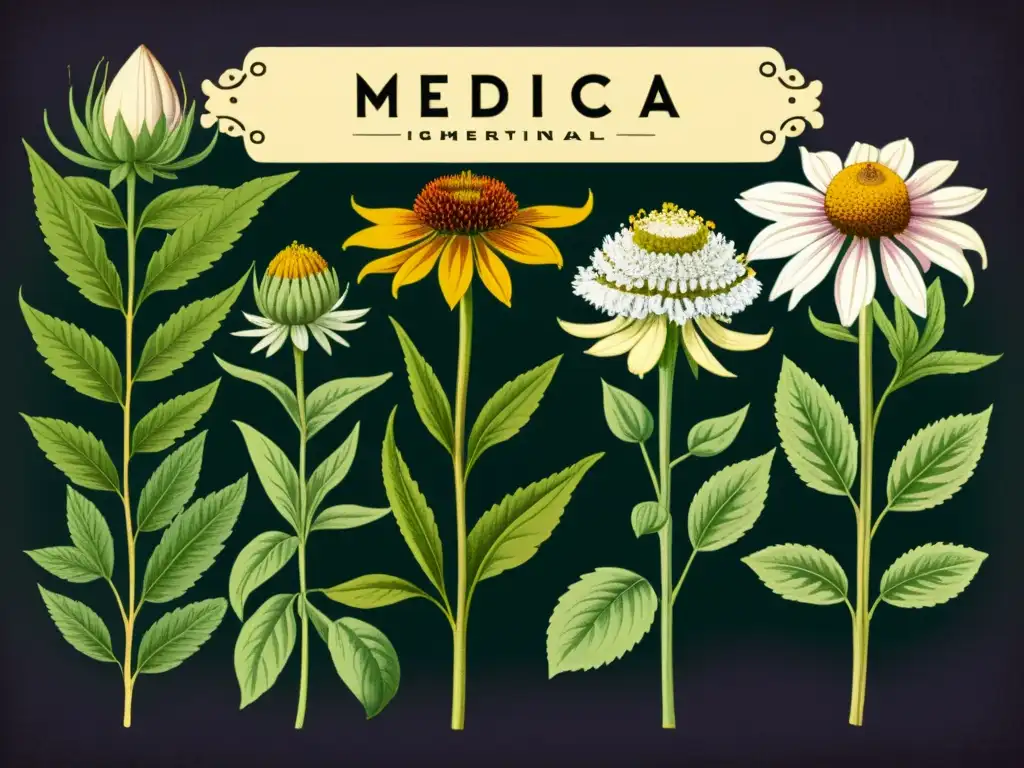 Una ilustración botánica vintage detallada de hierbas medicinales con colores vibrantes y una atmósfera clásica