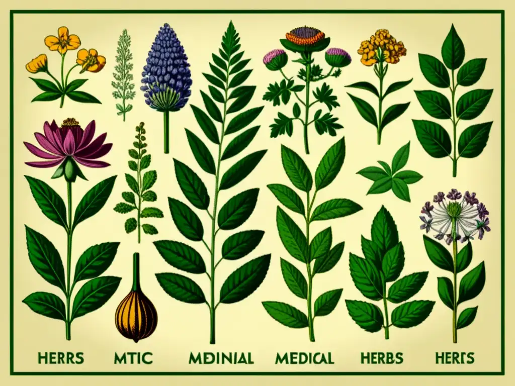 Ilustración botánica vintage detallada de hierbas medicinales, capturando su diversidad y belleza