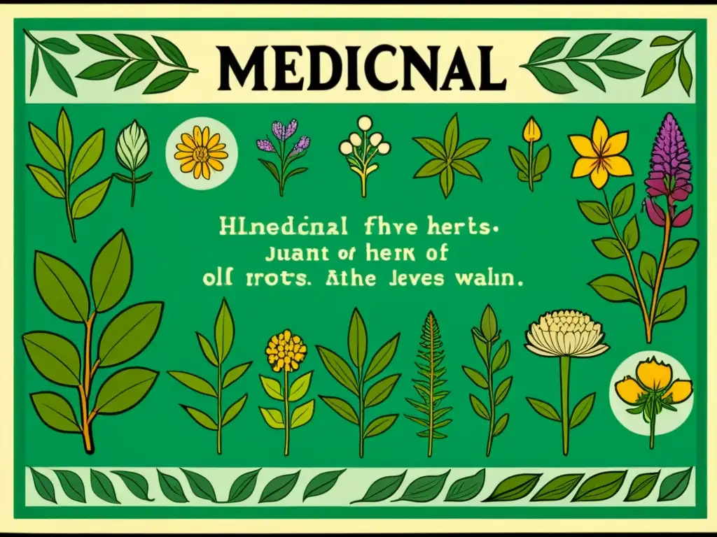 Una ilustración vintage detallada de hierbas medicinales con etiquetas de nombres científicos