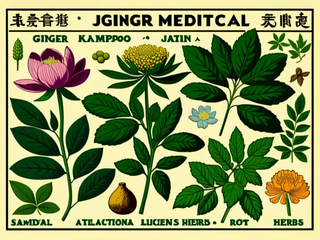 Detallada ilustración botánica de hierbas medicinales japonesas tradicionales, exudando la práctica del Kampo y hierbas medicinales