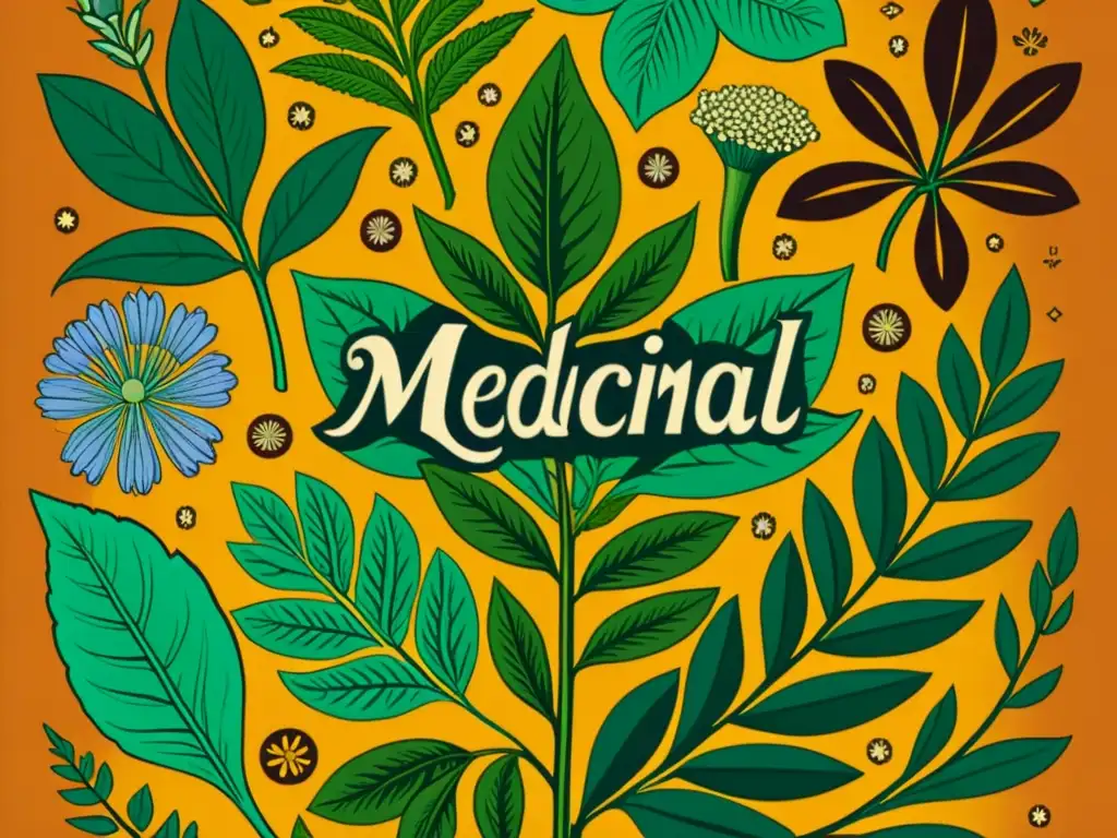 Detallada ilustración vintage de hierbas medicinales con llamativa coloración y elegante caligrafía