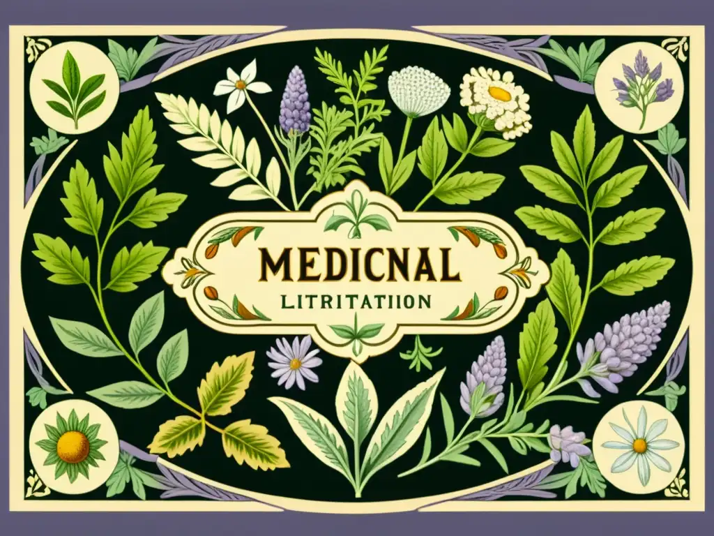 Una detallada ilustración vintage de hierbas medicinales en un patrón decorativo, con líneas intricadas y colores terrosos