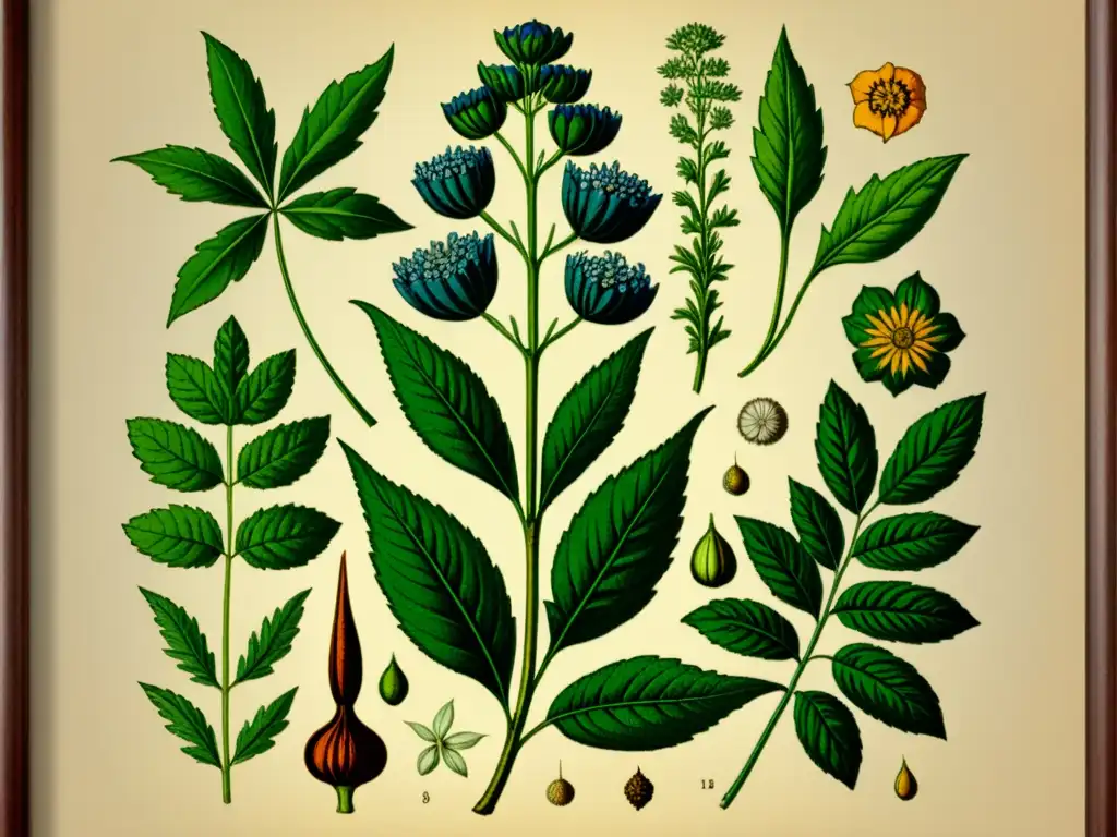 Detallada ilustración vintage de hierbas medicinales en pergamino, exudando sabiduría y tradición de la medicina herbal