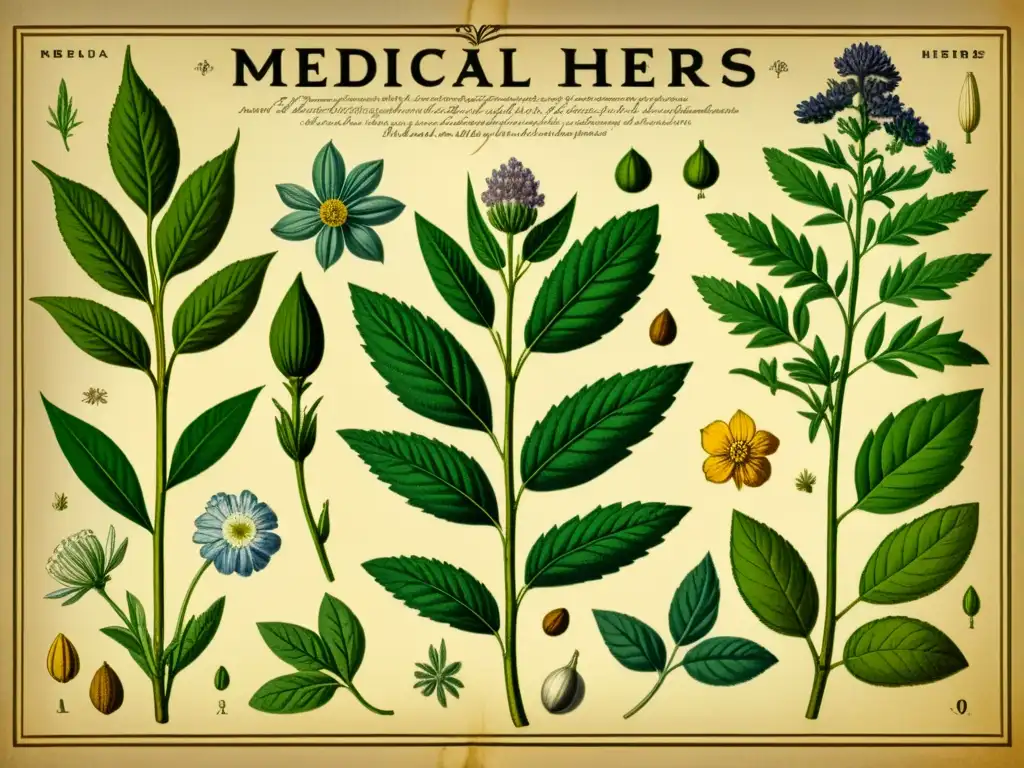 Una ilustración vintage detallada de hierbas medicinales con propiedades científicas y posibles interacciones con medicamentos tradicionales