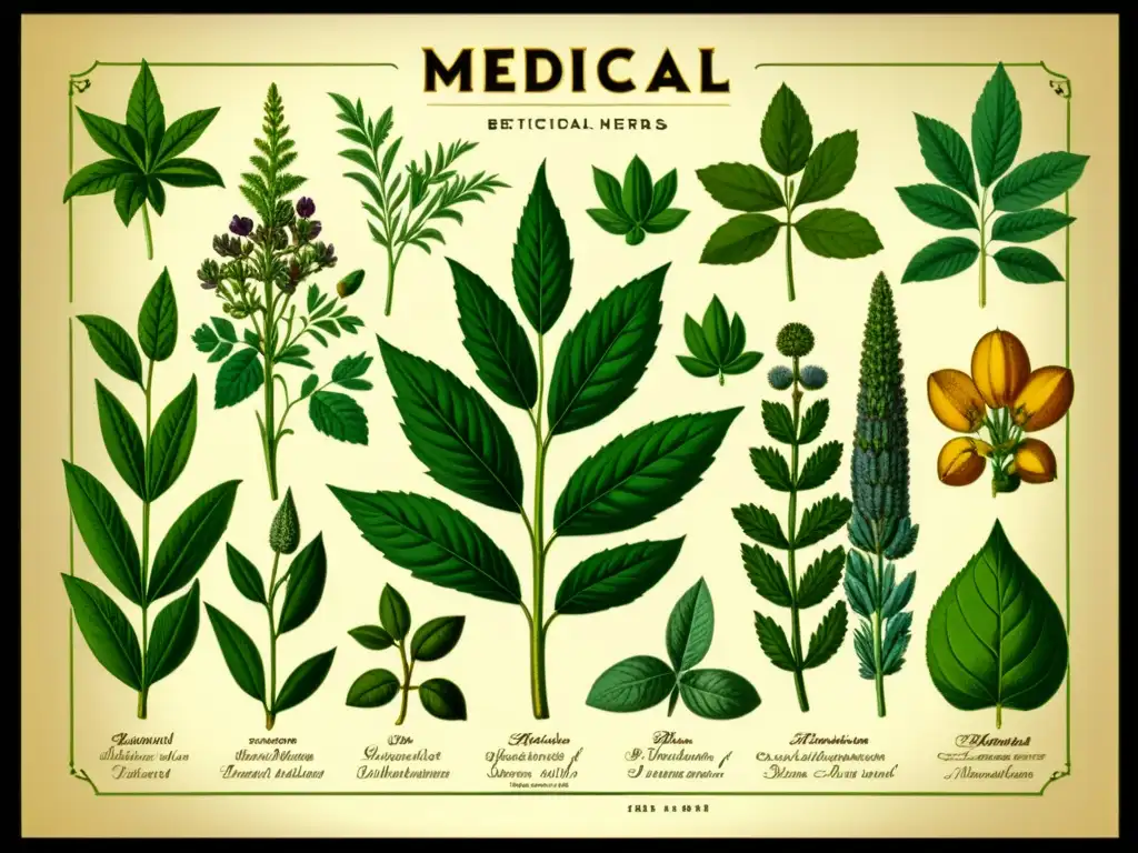 Ilustración botánica vintage detallada de hierbas medicinales