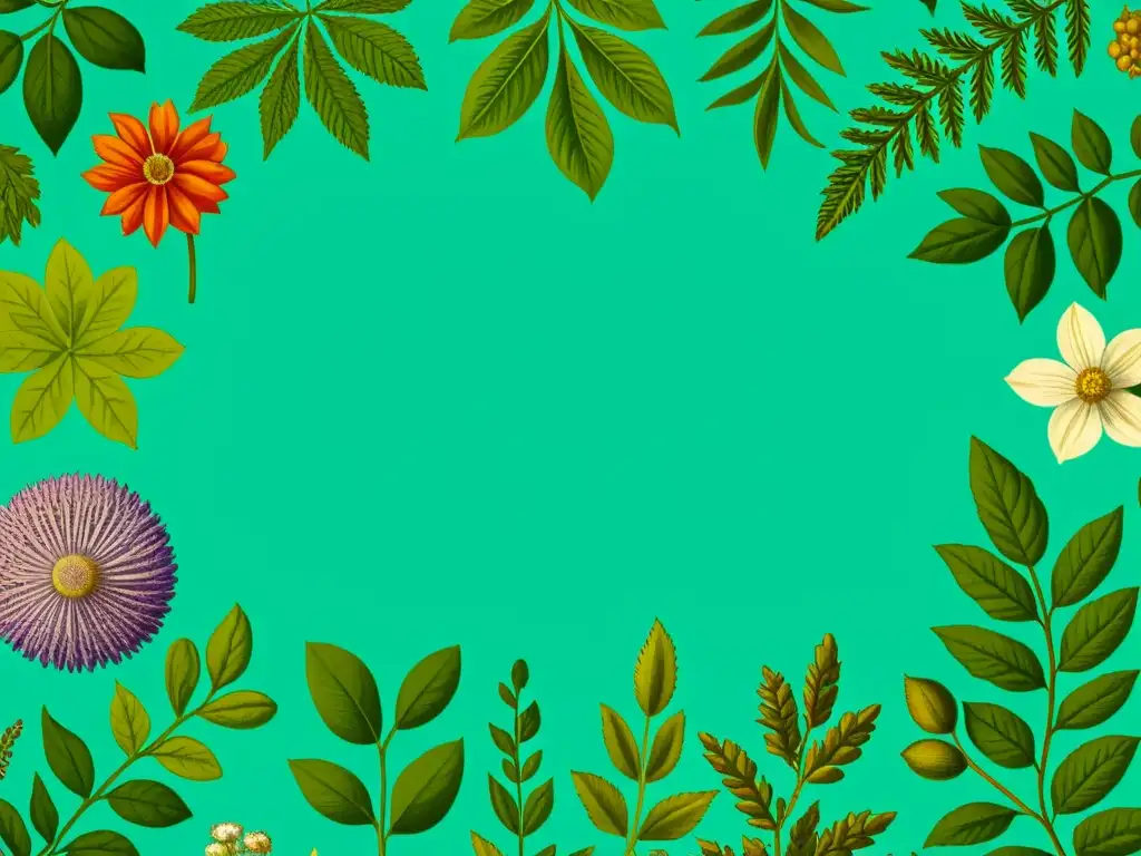 Una ilustración vintage detallada de hierbas y plantas, con colores vibrantes y detalles intrincados, evocando la naturaleza