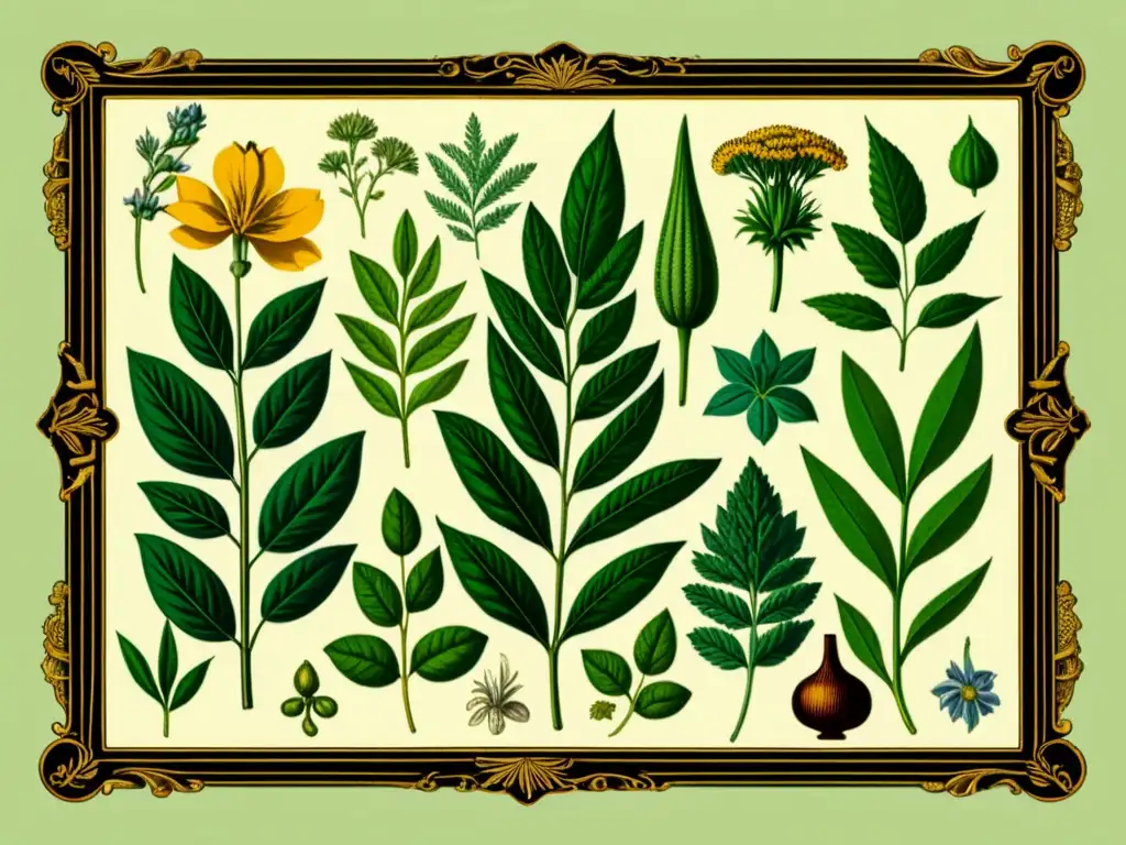 Una ilustración botánica vintage detallada de hierbas y plantas para suplementos herbales, transmitiendo conocimiento tradicional y curación natural