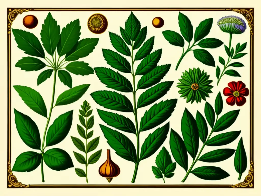 Una ilustración botánica vintage detallada de hierbas y plantas para suplementos herbales, exudando encanto y tradición vintage