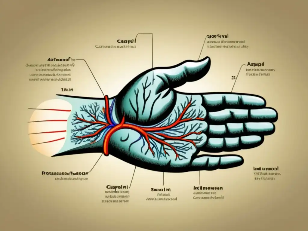 Detallada ilustración vintage de la anatomía de una mano, destacando puntos de presión para acupuntura en el túnel carpiano