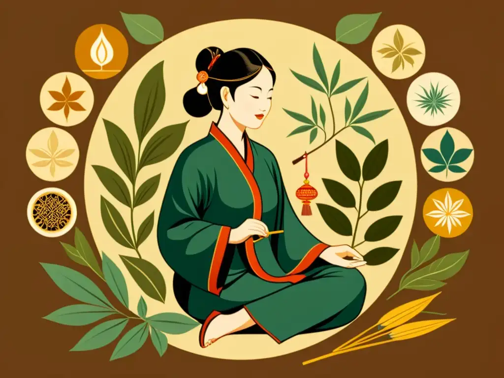 Detallada ilustración vintage compara medicina Ayurveda y Tradicional China, con remedios naturales y puntos de acupuntura