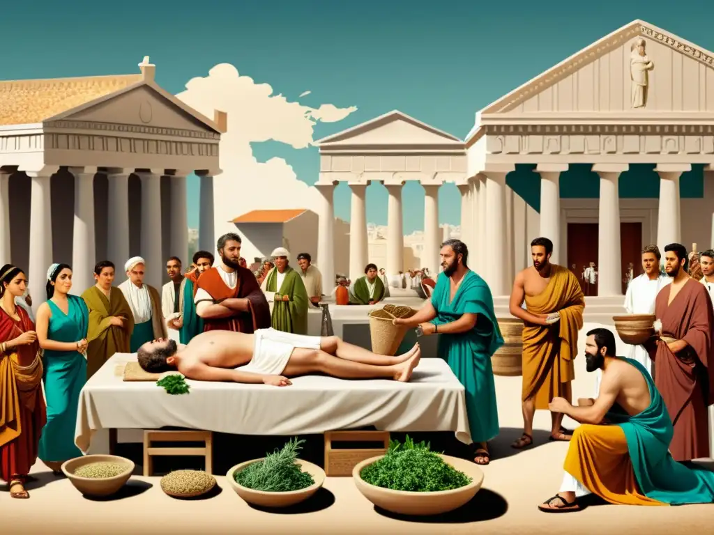 Práctica médica en la antigua Grecia: ilustración detallada Ilustración detallada de médico griego en mercado antiguo, practicando medicina antigua griega tradicional