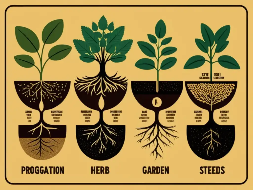 Una ilustración vintage detallada de métodos de propagación para jardines de hierbas, evocando nostalgia y artesanía