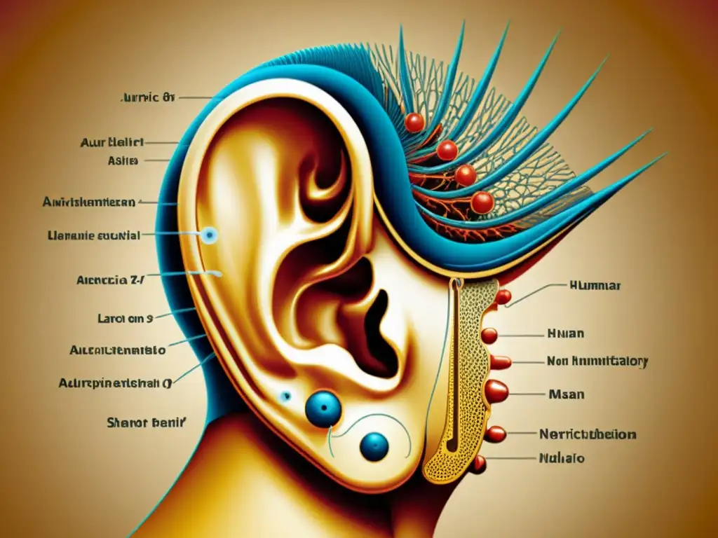 Detallada ilustración vintage del oído humano con puntos de auriculoterapia, transmitiendo sabiduría y conocimiento tradicional