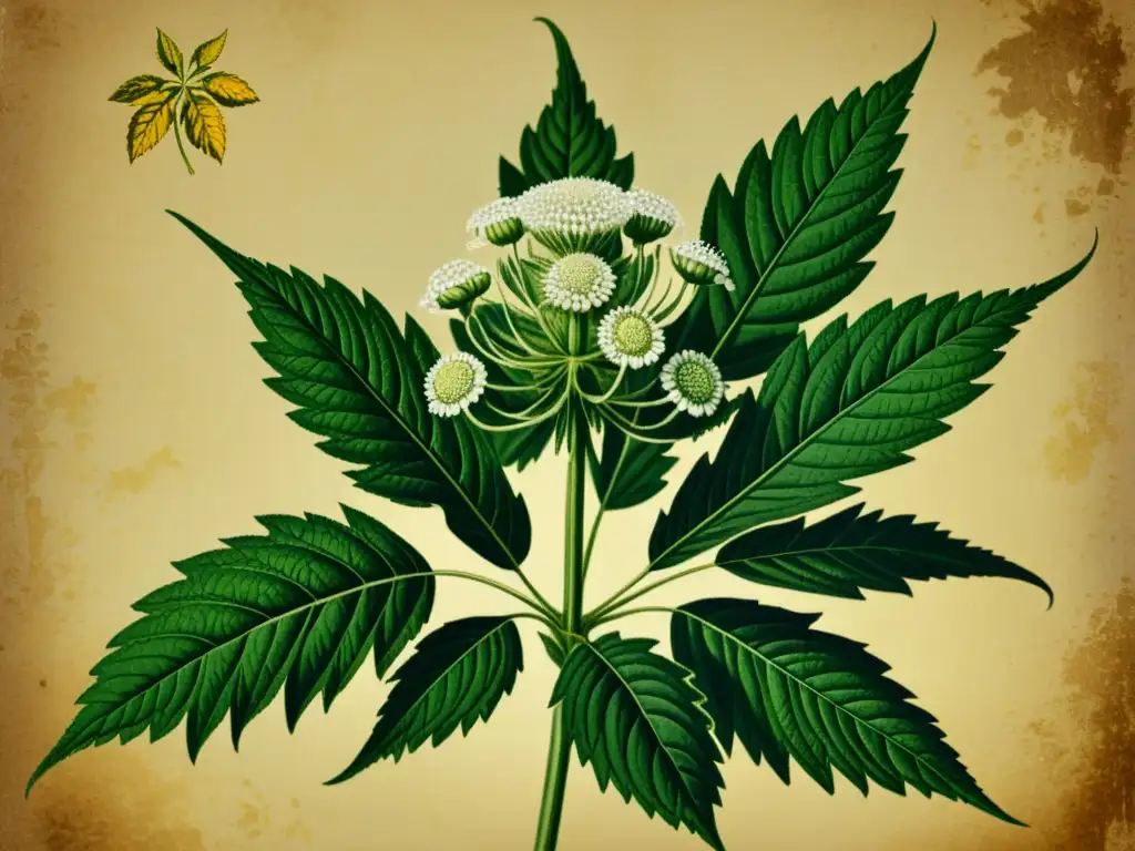 Detallada ilustración vintage de ortiga (Urtica dioica) con propiedades medicinales, sobre papel envejecido