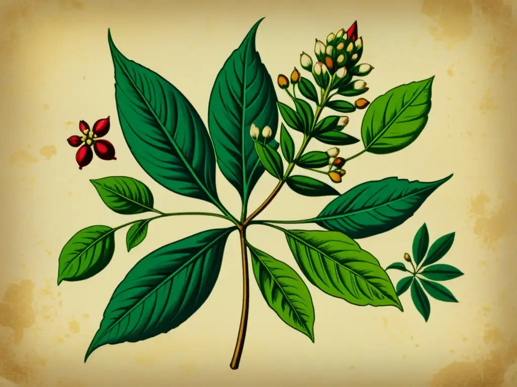 Detallada ilustración vintage de la planta de ashwagandha, evocando conocimiento atemporal y belleza natural, ideal para reducir estrés