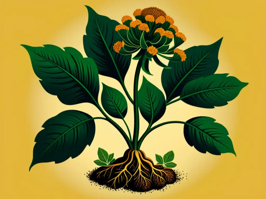 Detallada ilustración vintage de la planta maca, con sus hojas, flores y raíces en tonos cálidos