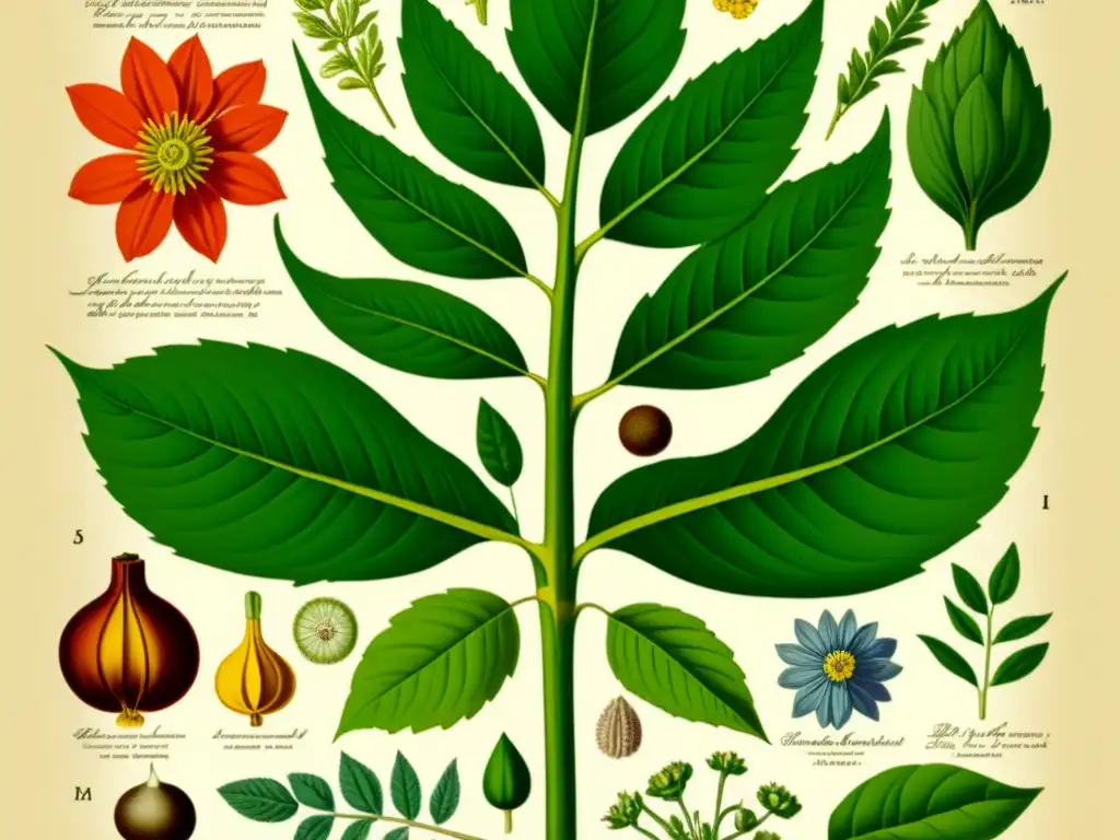 Detallada ilustración botánica vintage de una planta medicinal, resaltando sus partes con elegante caligrafía