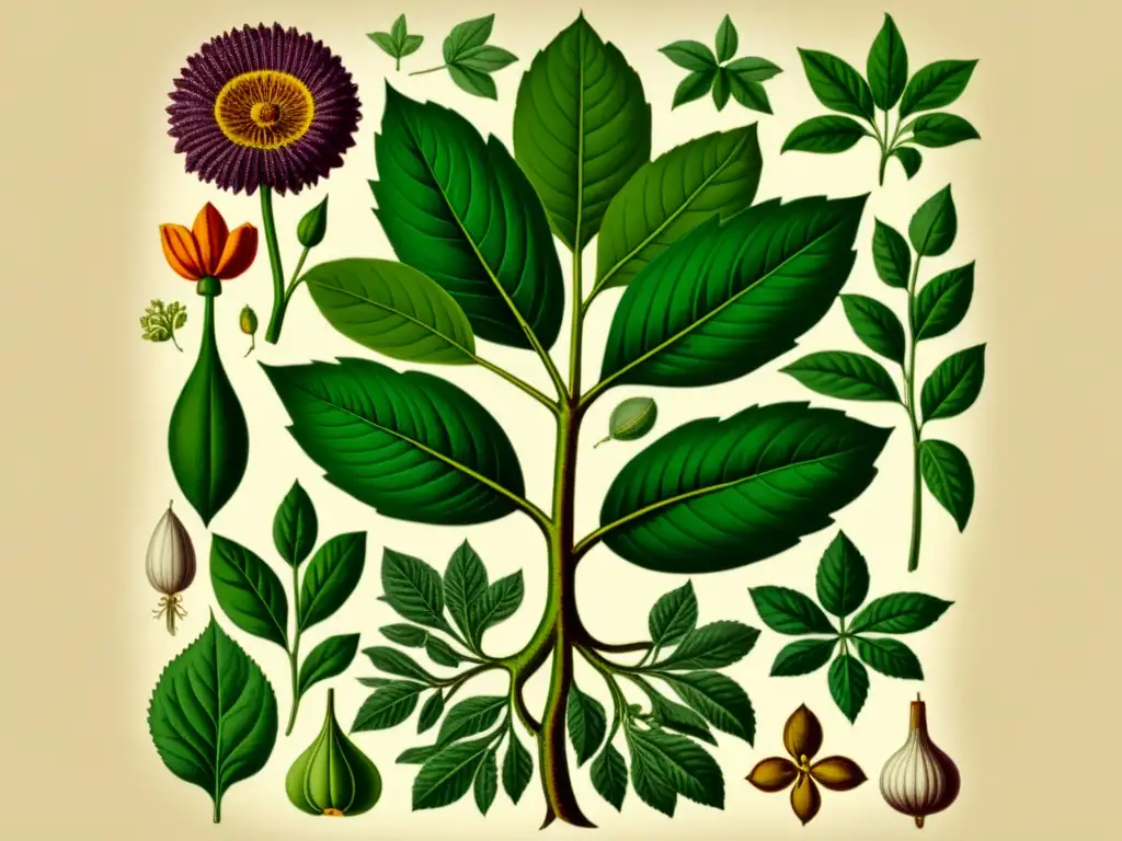 Detallada ilustración vintage de una planta medicinal, con raíces, hojas y flores en cálidos colores