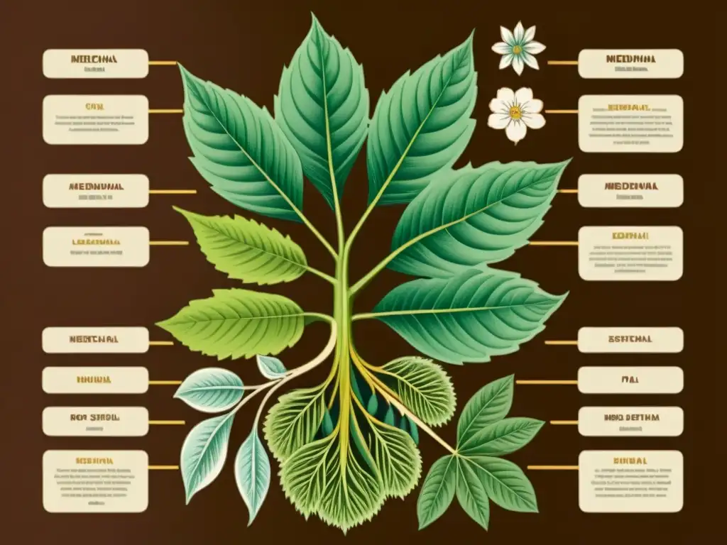 Detallada ilustración vintage de una planta medicinal, con raíces, hojas y flores, en tonos terrosos